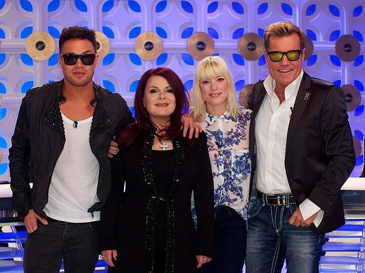 Rapper Kay One mit der neuen DSDS-Jury: Marianne Rosenberg, Mieze Katz und Dieter Bohlen (v.l.)