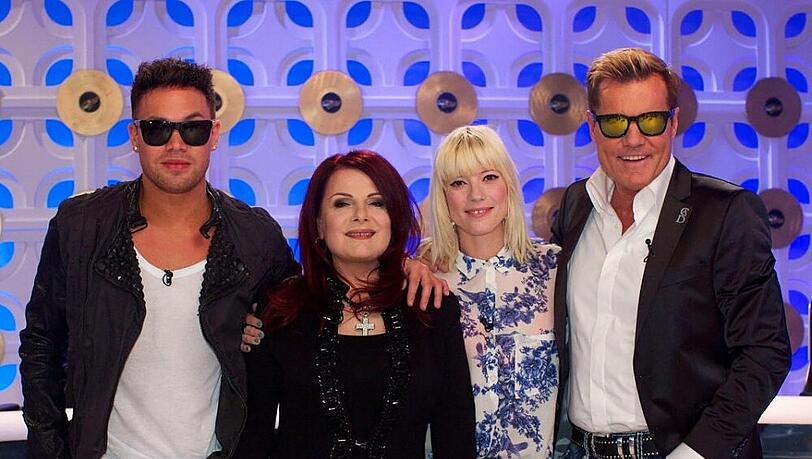 Rapper Kay One mit der neuen DSDS-Jury: Marianne Rosenberg, Mieze Katz und Dieter Bohlen (v.l.)