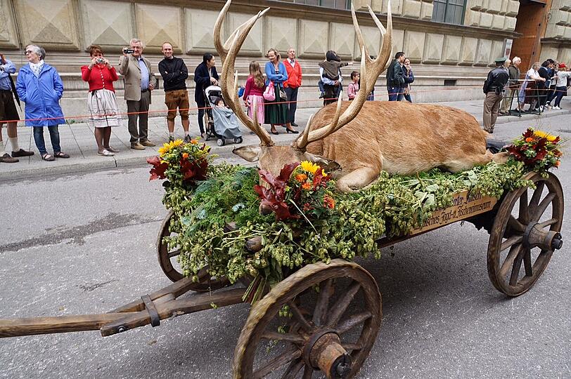 Ebenso der neben ihm fahrende Wagen mir einem präparierten Hirsch.