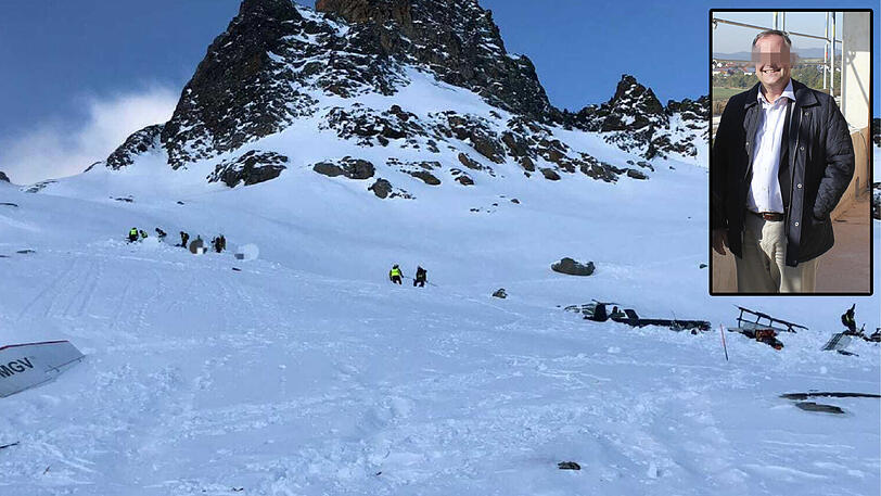 Rettungskräfte arbeiten an der Unglücksstelle. Überall liegen Trümmer im Schnee. Im kleinen Foto: Unternehmer Max S.