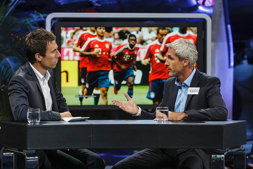 Österreichs Ex-Nationaltorwart Michael Konsel bei "Sport und Talk aus dem Hangar-7" auf Servus TV mit Moderator Christian Brugger. Foto: Andreas Kolarik/Servus TV