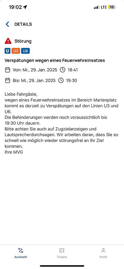 Wegen eines Feuerwehreinsatzes im Bereich Marienplatz kommt es auf der U-Bahn-Linie U3 und U6 zu Verspätungen.