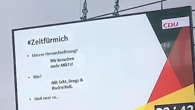 Bei dem Spruch handele es sich um einen "satirischen Einstieg" zu einem Workshop über Mitgliederwerbung, so die CDU. Bei dem Spruch handele es sich um einen "satirischen Einstieg" zu einem Workshop über Mitgliederwerbung, so die CDU.
