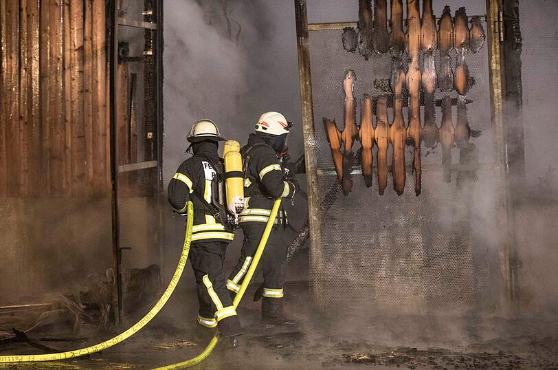 Ein Putenmastbetrieb in Petting wurde in der Nacht auf Mittwoch bei einem Feuer völlig zerstört. Die Bilder vom Einsatz.