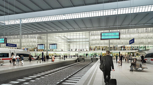 Die Münchner Bahnhofshalle der Zukunft: Das sehen Reisende, wenn sie aus einem Fernzug steigen.
