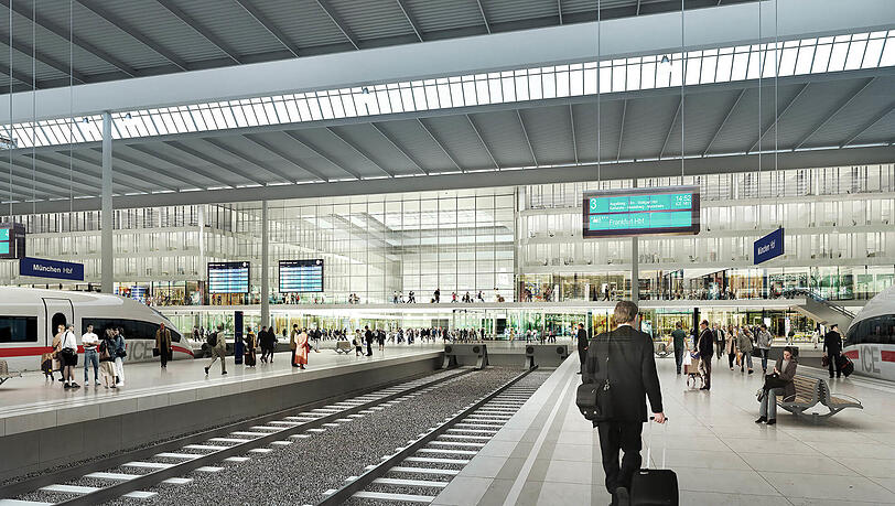Die Münchner Bahnhofshalle der Zukunft: Das sehen Reisende, wenn sie aus einem Fernzug steigen.