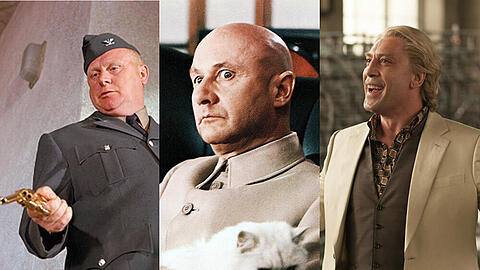 Drei legendäre Bond-Gegenspieler: Auric Goldfinger (Gert Fröbe), Ernst Stavro Blofeld (Donald Pleasence) und Raoul Silva (Javier Bardem)