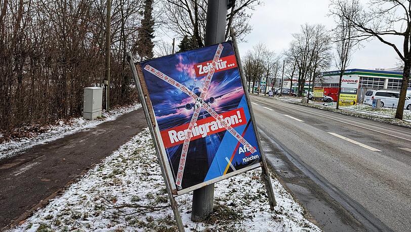 Ein besch&auml;digtes AfD-Plakat.