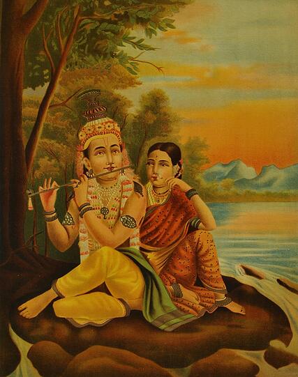 Krishna flötet für seine Freundin Radha. Der Farbdruck stammt aus der Münchner Lithografie-Anstalt von Baumgarten. Krishna flötet für seine Freundin Radha. Der Farbdruck stammt aus der Münchner Lithografie-Anstalt von Baumgarten.