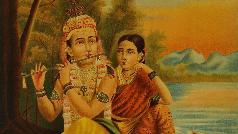 Krishna flötet für seine Freundin Radha. Der Farbdruck stammt aus der Münchner Lithografie-Anstalt von Baumgarten. Krishna flötet für seine Freundin Radha. Der Farbdruck stammt aus der Münchner Lithografie-Anstalt von Baumgarten.