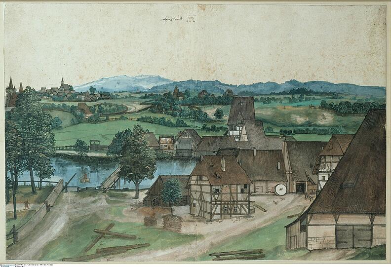 Bilder aus der Ausstellung: "Der frühe Dürer": Hier die "Drahtziehmühle" von 1490/95