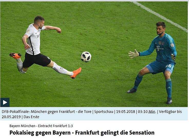 "Sportschau.de", Portal des übertragenden Senders Das Erste, bleibt nüchtern: "Pokalsieg gegen Bayern - Frankfurt gelingt die Sensation".
