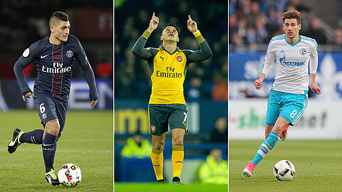 Drei Neue für den FC Bayern in diesem Sommer? Marco Verratti (Paris St. Germain), Alexis Sanchez (FC Arsenal) und Leon Goretzka (FC Schalke 04 - von links).