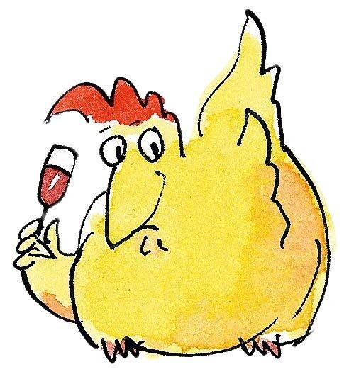 Eine der gelben Cartoon-Henne, die sich einen Wein genehmigt.