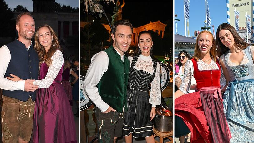 Auf dem Oktoberfest gibt es jedes Jahr nicht nur neue Dirndltrends, sondern auch diverse Prominente zu sehen: Letztes Jahr unter anderem Sandy Meyer-Wölden (l.), Ed Westwick und Anna Ermakova.
