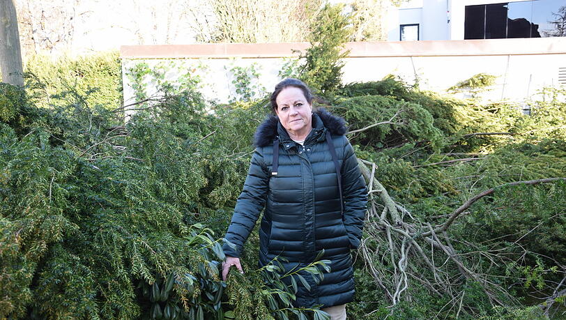 Überall gefällte Bäume: Maria Küppers in ihrem Garten, der komplett abgeholzt worden ist. Überall gefällte Bäume: Maria Küppers in ihrem Garten, der komplett abgeholzt worden ist.