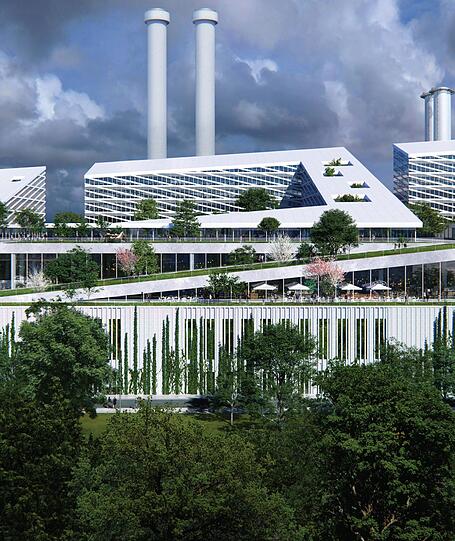 Auf einen 28 Meter hohen Sockel sollen drei winkelförmige Bürogebäude.