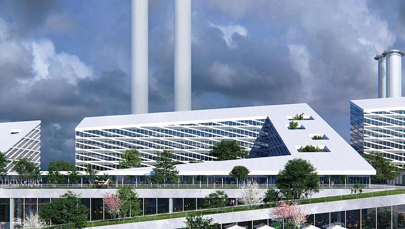 Auf einen 28 Meter hohen Sockel sollen drei winkelförmige Bürogebäude.