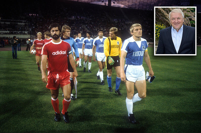 In den Siebzigern Löwen-Kapitän: Alfred Kohlhäufl (r.) läuft im Derby neben Bayern-Kapitän Gerd Müller (l.) aufs Feld.