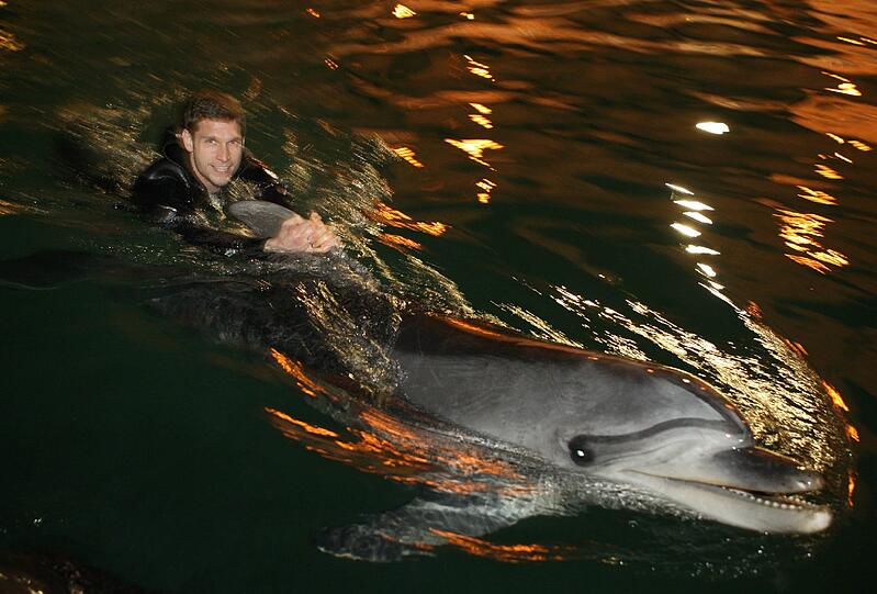 Für die Löwen ging's am Mittwoch noch tierisch zu: Im Delfinarium durften sie mit Flipper & Co. eine Runde schwimmen.