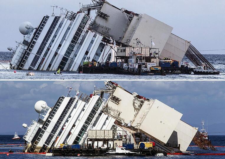 Der Bergungseinsatz am havarierten 
Kreuzfahrtschiff &bdquo;Costa Concordia&ldquo; hat sich am Montag deutlich 
verzögert. Die Aufrichtung des Schiffs vor der italienischen Insel 
Giglio werde voraussichtlich erst am Dienstag im Morgengrauen 
abgeschlossen sein. Die Bilder!