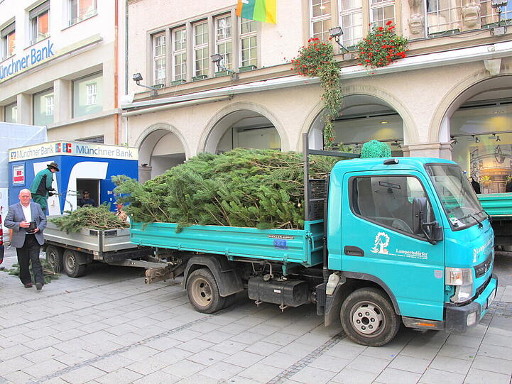 Der Hirmer hängt die Weihnachtsdeko auf.