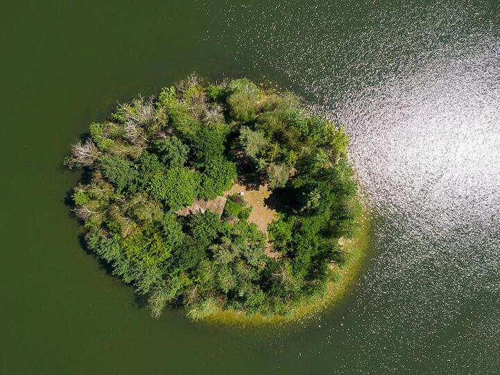 Blick von oben: Die Sonne scheint auf eine kleine Insel im Irenensee in Niedersachsen.