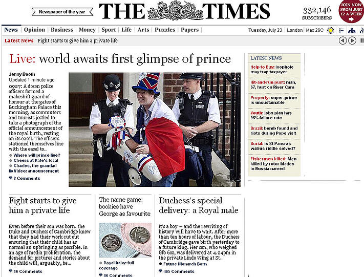 Die "Times" titelt: "Die Welt wartet darauf, einen ersten Blick auf den Prinz zu werfen".