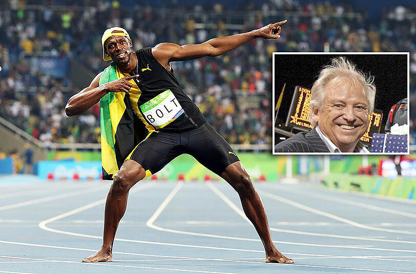 "Alles andere als drei Goldmedaillen wären eine Enttäuschung" &ndash; die erste hat er jetzt: Usain Bolt feiert den Olympiasieg mit seiner weltberühmten Bogenschützen-Jubelpose.