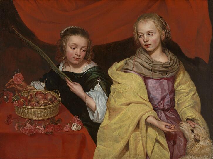 Dass Kinder in die Rolle von Märtyrern schlüpfen, hat man selten. Die heilige Dorothea mit Äpfeln und Rosen und Agnes mit dem Lamm hat Wautier um 1655 geschaffen.