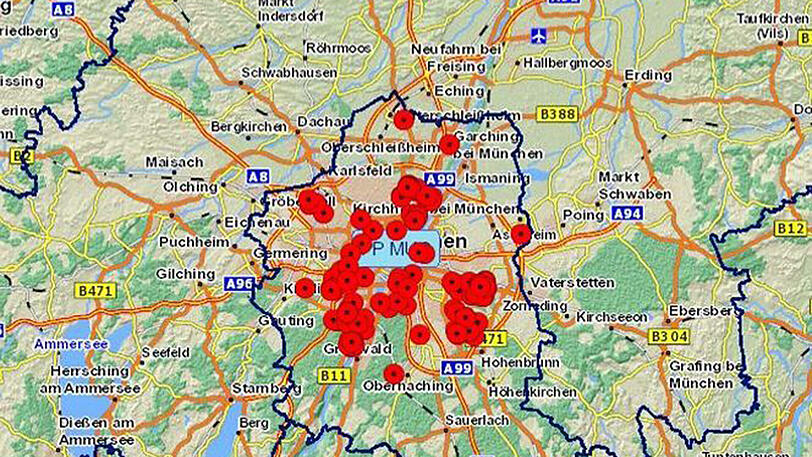 Die Grafik aus dem Präsidium München zeigt die Tatorte, an denen eine einzige Bande in der Stadt zuschlug: insgesamt 137 Punkte