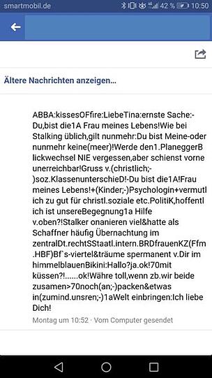 "(...) träume spermanent v.Dir im himmelblauenBikini": Wirre und beängstigende Nachrichten wie diese auf Facebook schickt der Stalker der Politikerin Tina Pickert seit über einem Jahr. Jetzt hat sie den Mann zum zweiten Mal angezeigt.