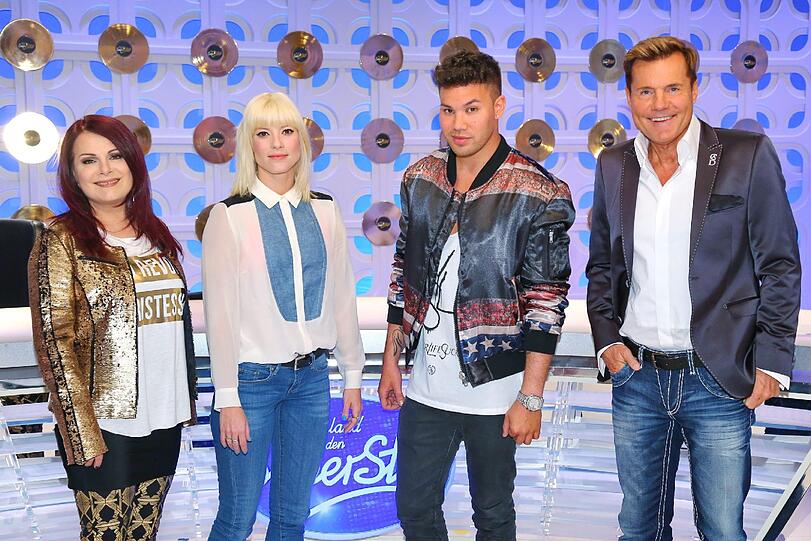 Die Frontsängerin der Elektropopband Mia., Mieze Katz (34, 2.v.l.), die deutsche Popsängerin, Komponistin und Texterin Marianne Rosenberg (58), der Rapper Prince Kay One (29, 2.v.r.) und Erfolgsproduzent und Poptitan Dieter Bohlen (59) bilden die neue vierköpfige Jury von "DSDS".