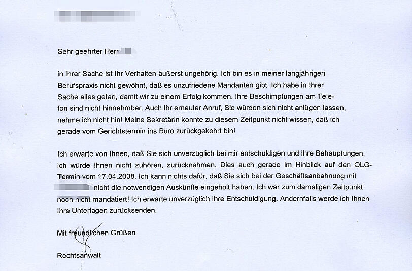 "Ihr Verhalten ist äußerst ungehörig": Das Schreiben von Anwalt Lutz Libbertz an Rudolf U.