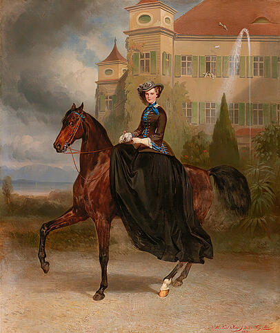 Die die damals 15-jährige bayerische Herzogin, genannt Sisi, auf einem Pferd vor dem Schloss ihrer Eltern in Possenhofen. Die die damals 15-jährige bayerische Herzogin, genannt Sisi, auf einem Pferd vor dem Schloss ihrer Eltern in Possenhofen.