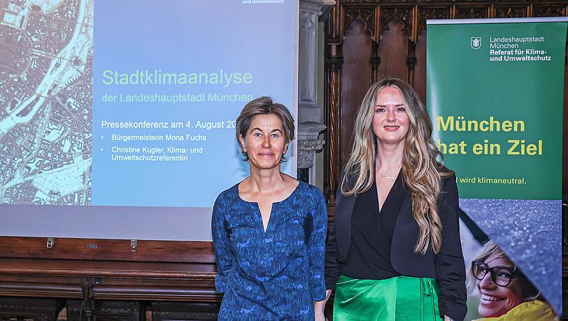 (v.li.) Klima- und Umweltschutzreferentin Christine Kugler (parteilos) und die zweite Bürgermeisterin Mona Fuchs (Grüne) bei der Vorstellung der Stadtklimaanalyse im Rathaus. (v.li.) Klima- und Umweltschutzreferentin Christine Kugler (parteilos) und die zweite Bürgermeisterin Mona Fuchs (Grüne) bei der Vorstellung der Stadtklimaanalyse im Rathaus.