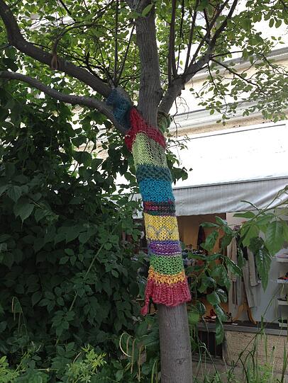 Ein Hingucker in der Volkartstraße: Den Bäumen wurden kleine Wollhüllen um die Stämme gestrickt.