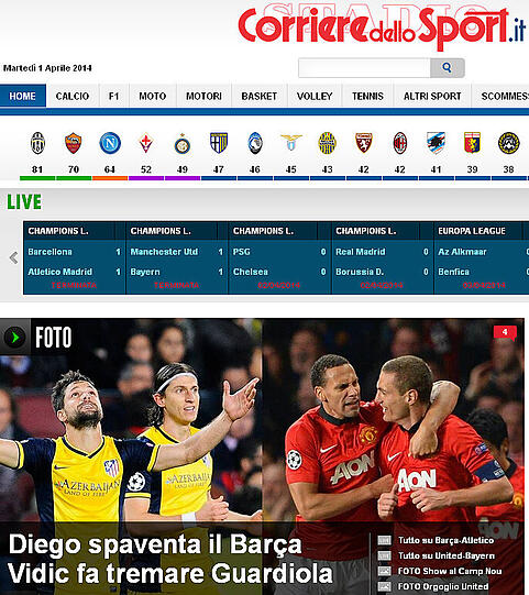 Die italienische Corriere dello Sport: "Vidic lässt Guardiola zittern"