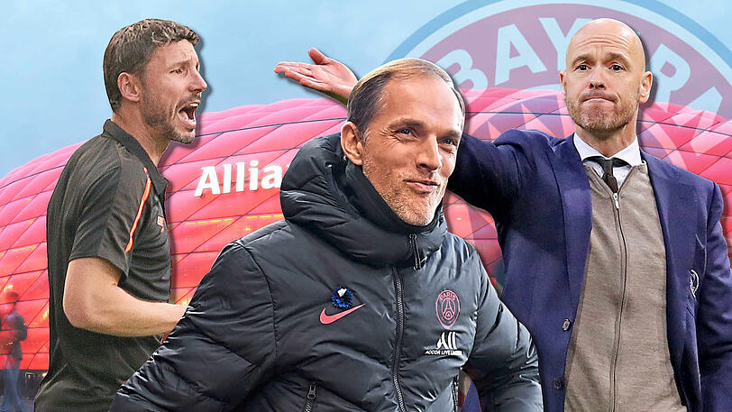 Trainerkandidaten beim FC Bayern (v.l.): Mark van Bommel, Thomas Tuchel und Erik ten Hag.