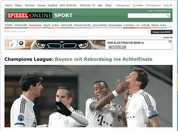 "Bayern mit Rekordsieg ins Achtelfinale": Die Schlagzeile von "Spiegel Online" täuscht etwas über die dürftige Leistung der Bayern hinweg.