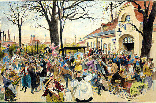 Schon vor vielen Jahrzehnten geht es am Nockherberg lustig zu &ndash; das zeigt diese historische Illustration.