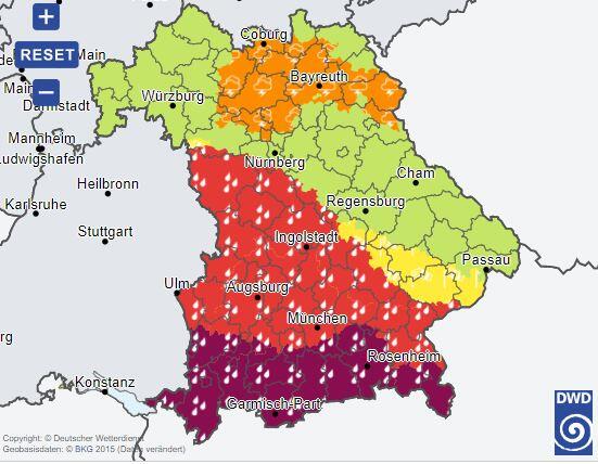 In München gilt eine Unwetterwarnung vor ergiebigem Dauerregen sowie eine amtliche Warnung vor Windböen.