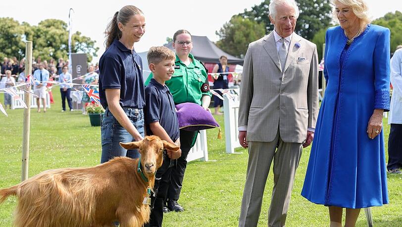 König Charles III., Königin Camilla und die Goldene Guernsey-Ziege Tamsin auf der Kanalinsel Guernsey.