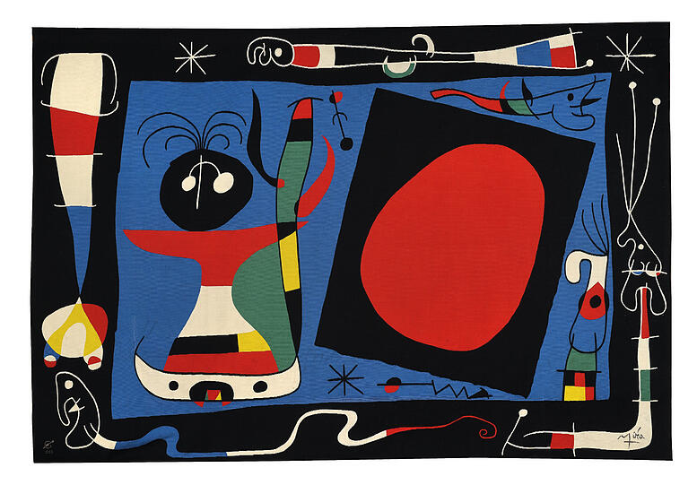 Joan Miró (1893&ndash;1983): Komposition Nr.1, Frau am Spiegel, 1966, Manufacture des Gobelins, 306 × 455 cm, Wolle, Sammlung Mobilier national