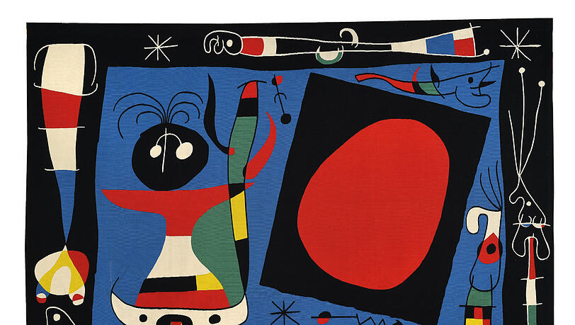Joan Miró (1893–1983): Komposition Nr.1, Frau am Spiegel, 1966, Manufacture des Gobelins, 306 × 455 cm, Wolle, Sammlung Mobilier national Joan Miró (1893–1983): Komposition Nr.1, Frau am Spiegel, 1966, Manufacture des Gobelins, 306 × 455 cm, Wolle, Sammlung Mobilier national