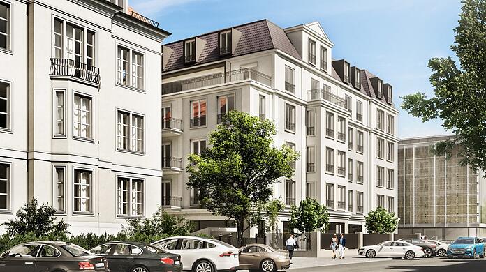 Die Vision für die Mozartstraße 4 (rechts): Ist der Entwurf für das Bürogebäude kitschig? Es soll im Wiesn-Viertel auch "Handwerklichkeit" vermitteln.