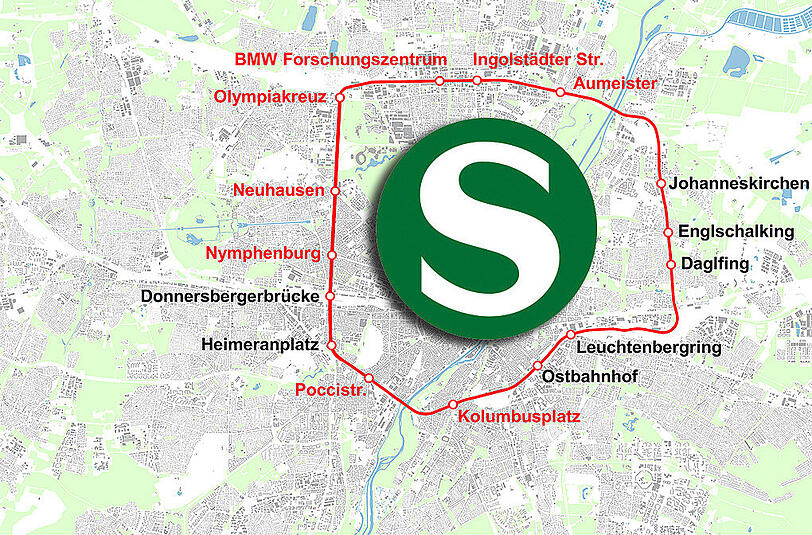 15 S-Bahn-Haltestellen soll der S-Bahn-Ring umfassen: Sieben davon (in der Karte schwarz geschrieben) gibt es schon. Acht (rot) müssten neu gebaut werden.