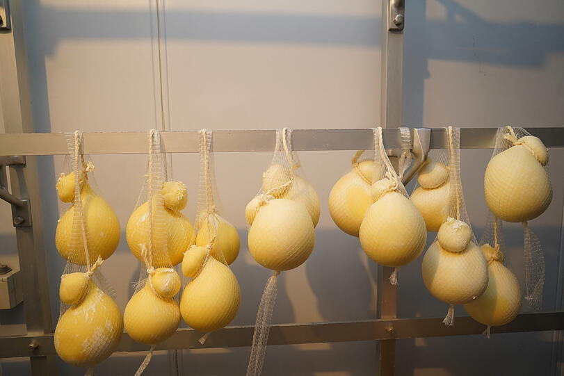 Der Caciocavallo-Käse reift traditionell an einer Schnur.