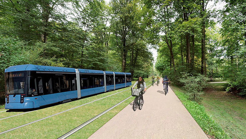 Nach den Entwürfen soll eine Tramlinien mitten durch's Grün im Englischen Garten gehen. Daneben gibt es einen Fußgänger- und Radweg.