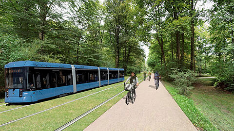 Nach den Entwürfen soll eine Tramlinien mitten durch's Grün im Englischen Garten gehen. Daneben gibt es einen Fußgänger- und Radweg.